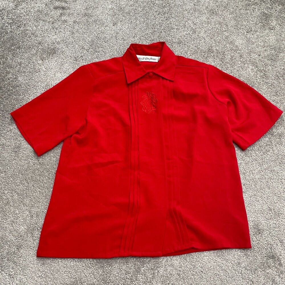Yves St. Clair Petite Shirt Blouse Womens 4 Red Collared Pleated Padded Shoulder